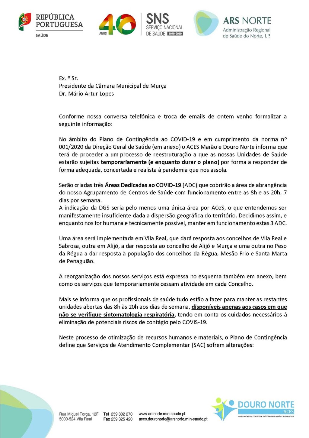 Of&iacute;cio ao Munic&iacute;pio de Mur&ccedil;a pelo diretor do ACES