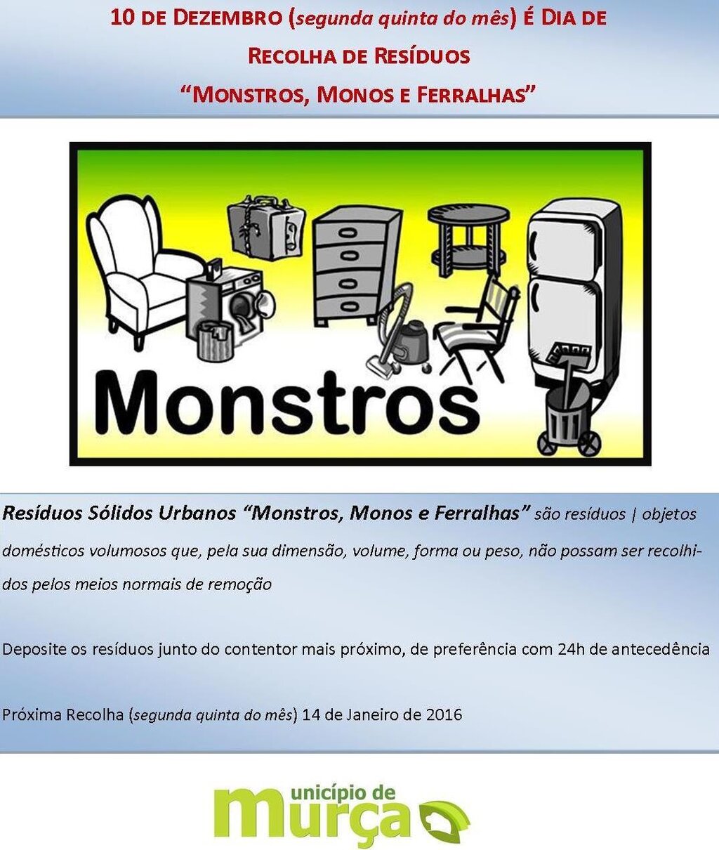 cartaz Recolha mensal de res&iacute;duos &ldquo;Monstros, Monos e Ferralhas&rdquo; a 10 de dezembro